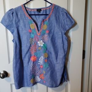 Talbots Blue Embroidered Tropical V-Neck Tunic Size Large.